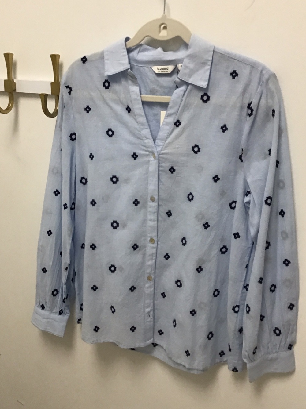 B. Young Light Blue linen Button-Down Blouse with Navy Floral Embroidery
